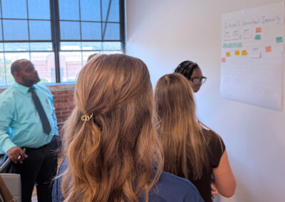 students examining board